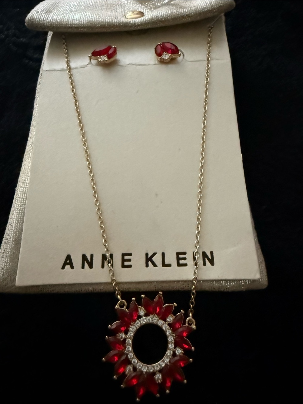 Anne Klein Necklace Earrings Gold Red 2 Pc Set Giftable